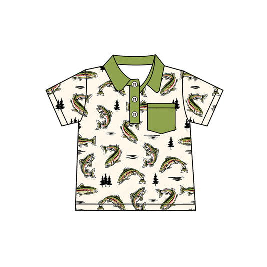 (Pre-order)BT1245 Fish Green Print Boys Summer Polo Tee Shirts Top