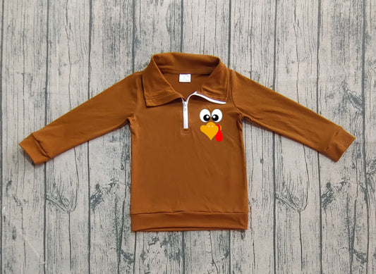 (Pre-order)BT1265 Turkey Brown Print Boys Thanksgiving Zipper Pullover Top