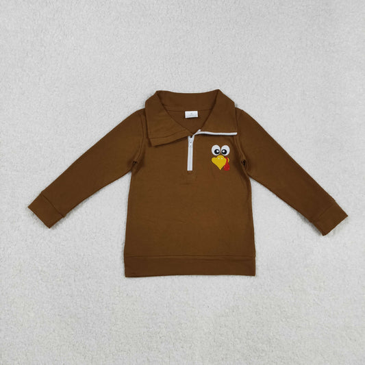 BT1265 Turkey Embroidery Brown Boys Thanksgiving Zipper Pullover Top