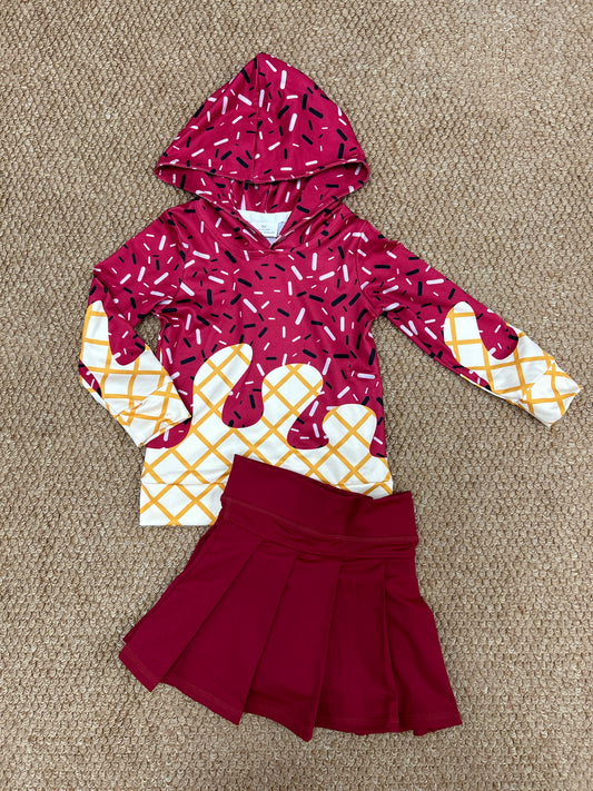 BT1273+GLK0124 Sprinkles Hoodie Top Wine Shorts Skirts Girls Yoga Outfits