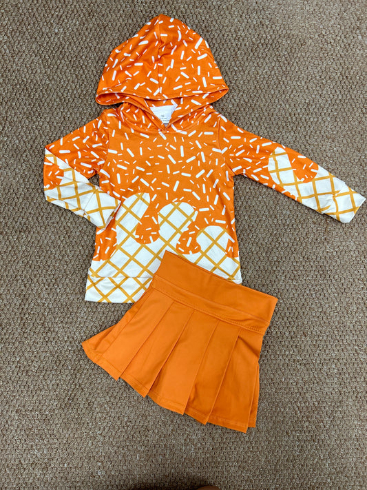 BT1274+GLK0109 Sprinkles Hoodie Top Orange Shorts Skirts Girls Yoga Outfits