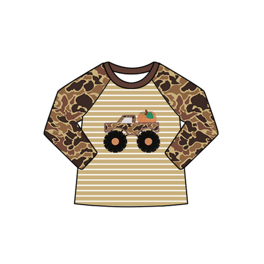 (Pre-order)BT1298 Trucks Pumpkin Brown Camo Print Boys Fall Long Sleeve Tee Shirts Top