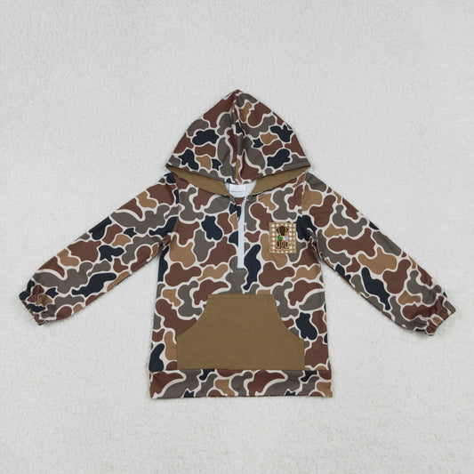 BT1300 Dog Duck Embroidery Brown Camo Print Boys Fall Pocket Hoodie Zipper Top