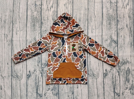 (Pre-order)BT1300 Brown Camo Dog Duck Print Boys Fall Hoodie Zipper Top