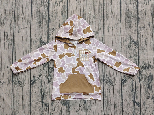 (Pre-order)BT1302 Khaki Camo Dog Print Boys Fall Hoodie Zipper Top