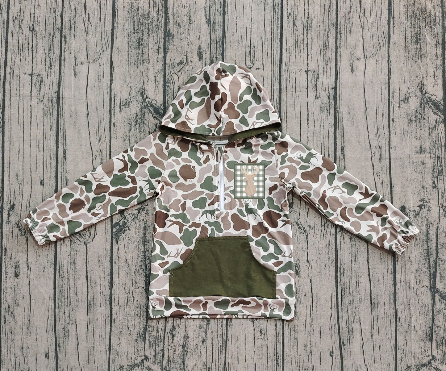 (Pre-order)BT1304 Deer Dog Duck Green Camo Print Boys Fall Hoodie Zipper Top