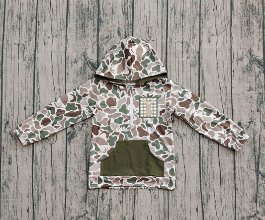 (Pre-order)BT1304 Deer Dog Duck Green Camo Print Boys Fall Hoodie Zipper Top