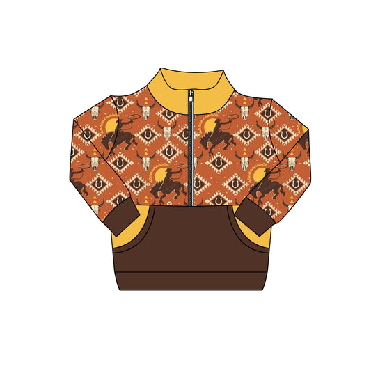 (Pre-order)BT1305 Cowboy Aztec Skull Print Boys Long Sleeve Zipper Pullover Top