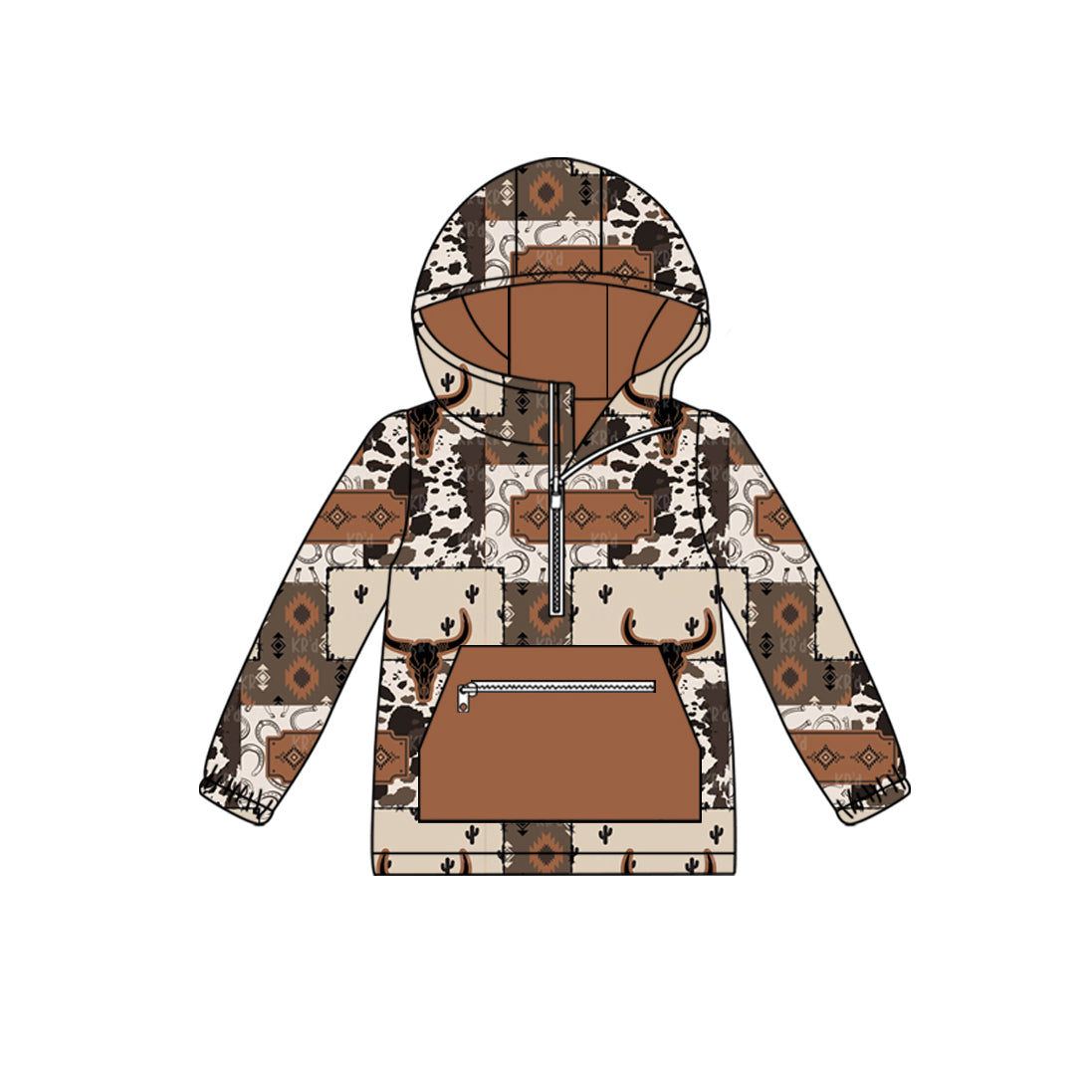 (Pre-order)BT1306 Aztec Skull Western Print Boys Fall Hoodie Zipper Top