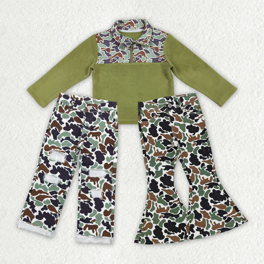 BT1308+P0582+P0413 Green Camo Zipper Thick Pullover Top Denim Jeans Kids Fall/Winter Hunting Clothes Set Sibling Wear