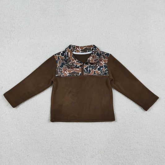BT1309 Brown Camo Print Boys Long Sleeve Zipper Thick Pullover Top