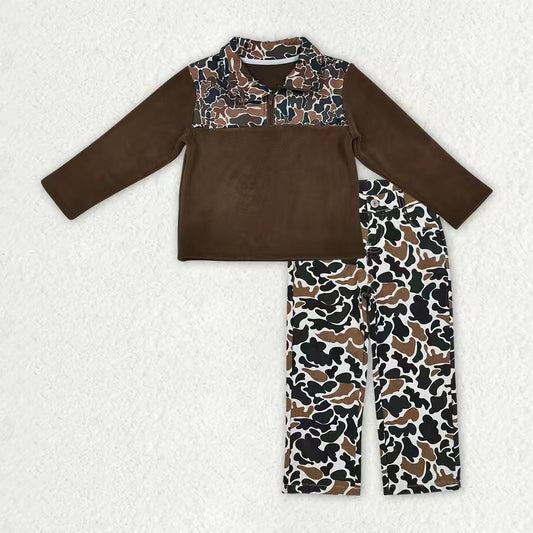 BT1309+P0594 Brown Camo Zipper Thick Pullover Top Denim Jeans Boys Fall/Winter Hunting Clothes Set
