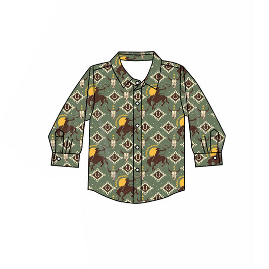 (Pre-order)BT1314 Aztec Cowboy Print Boys Western Long Sleeve Tee Shirts Top