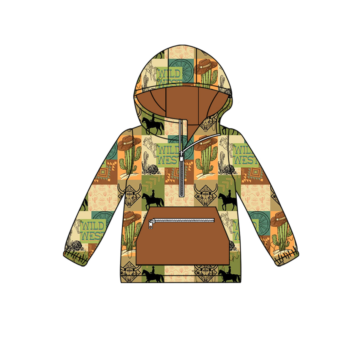 (Pre-order)BT1319 WILD WEST Cowboy Print Boys Fall Hoodie Zipper Top