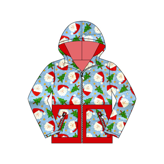 (Pre-order)BT1325 Santa Tree Print Boys Hoodie Zipper Pockets Christmas Jacket Top