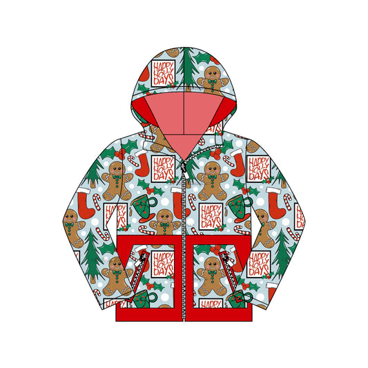 (Pre-order)BT1326 Gingerbread Holly Print Boys Hoodie Zipper Pockets Christmas Jacket Top