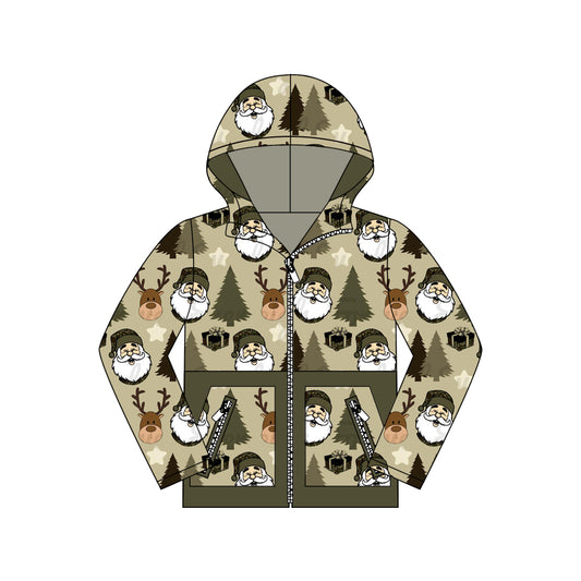(Pre-order)BT1328 Santa Camo Print Boys Hoodie Zipper Pockets Christmas Jacket Top