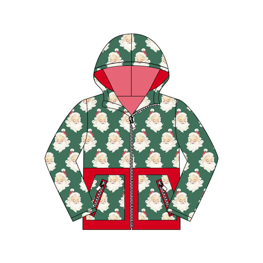(Pre-order)BT1329 Santa Green Print Boys Hoodie Zipper Pockets Christmas Jacket Top