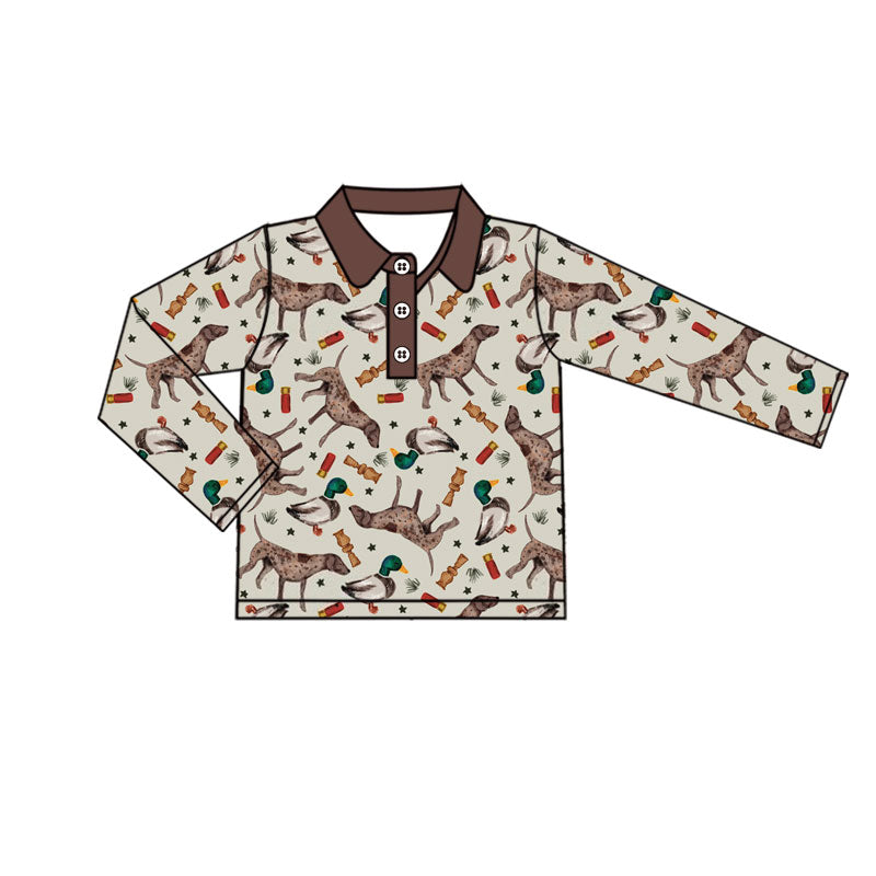 (Pre-order)BT1331 Duck Dog Brown Print Boys Long Sleeve Hunting Polo Top