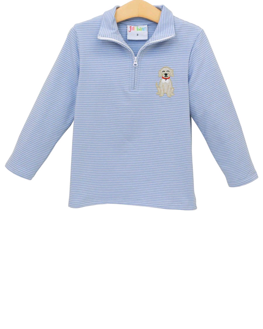 (Pre-order)BT1332 Dog Blue Stripes Print Boys Long Sleeve Zipper Pullover Top
