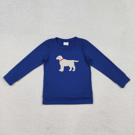 BT1333 Dog Embroidery Blue Boys Long Sleeve Tee Shirts Top