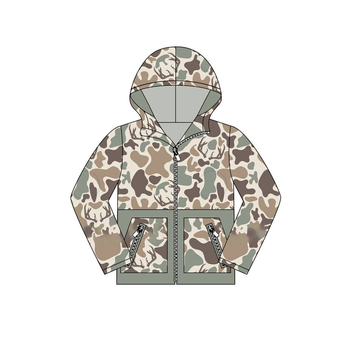 (Pre-order)BT1335 Brown Camo Print Boys Zipper Pockets Fall Hoodie Top