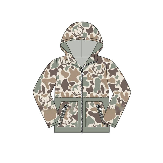 (Pre-order)BT1335 Brown Camo Print Boys Zipper Pockets Fall Hoodie Top