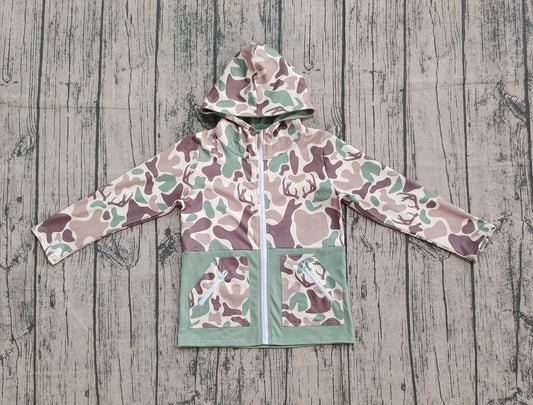 (Pre-order)BT1335 Brown Camo Print Boys Zipper Pockets Fall Hoodie Top