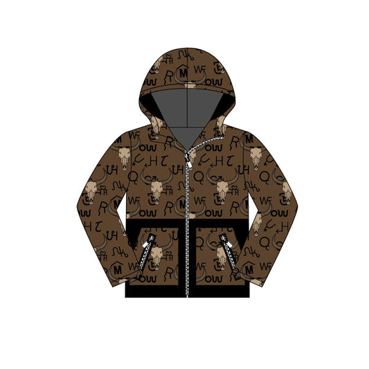 (Pre-order)BT1337 Wild Cow Skull Print Boys Zipper Pockets Western Fall Hoodie Top