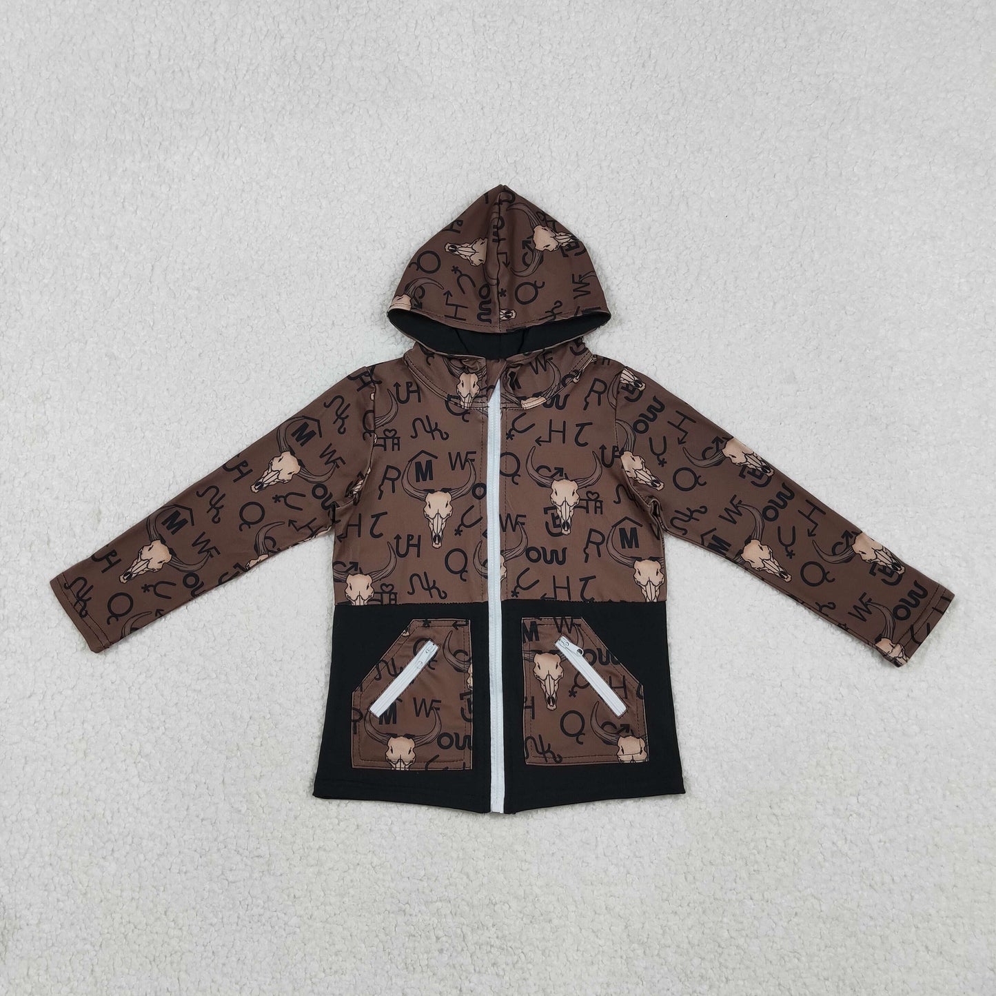 BT1337 Wild Cow Skull Print Boys Zipper Pockets Western Fall Hoodie Top