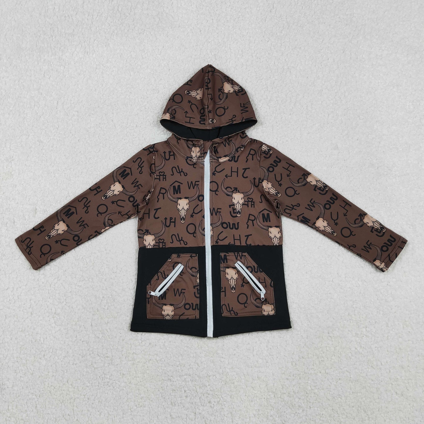 BT1337 Wild Cow Skull Print Boys Zipper Pockets Western Fall Hoodie Top