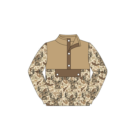 (Pre-order)BT1338 Deer Brown Camo Print Boys Long Sleeve Hunting Polo Top