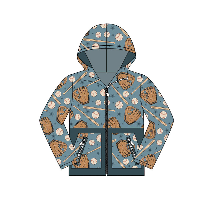 (Pre-order)BT1342 Baseball Print Boys Fall Zipper Pockets Hoodie Top
