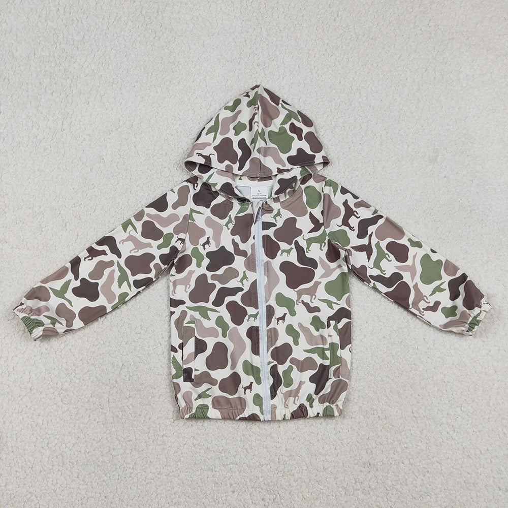 BT1343 Green Camo Dog Print Boys Fall Zipper Pockets Hoodie Jacket Top