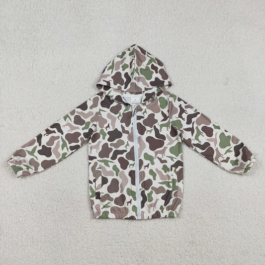 BT1343 Green Camo Dog Print Boys Fall Zipper Pockets Hoodie Jacket Top
