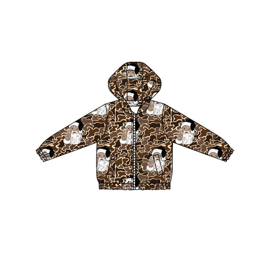 (Pre-order)BT1344 Santa Brown Camo Print Boys Christmas Zipper Pockets Hoodie Jacket Top