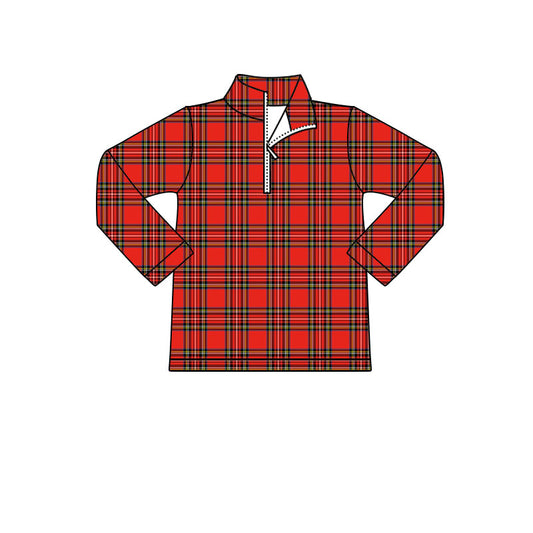 (Pre-order)BT1350 Red Plaid Print Boys Christmas Zipper Pullover Top