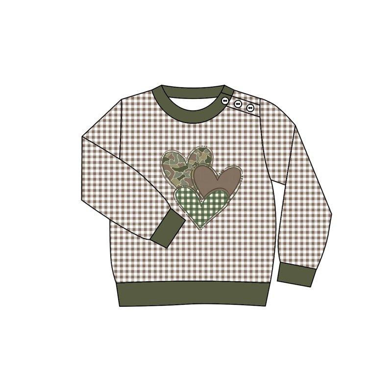 (Pre-order)BT1352 Heart Camo Plaid Print Boys Valentine's Day Long Sleeve Tee Shirts Top