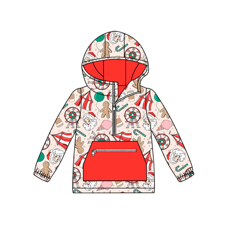 (Pre-order)BT1353 Santa Gingerbread Red Print Kids Christmas Zipper Pockets Hoodie Top