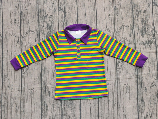(Pre-order)BT1358 Stripes Print Boys Mardi Gras Polo Top