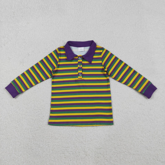 BT1358 Stripes Print Boys Mardi Gras Long Sleeve Polo Top