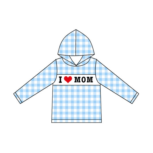 (Pre-order)BT1359 I LOVE MOM Blue Plaid Print Boys Long Sleeve Hoodie Top