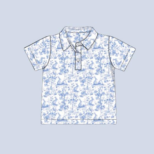 (Pre-order)BT1362 Bunny Blue Print Boys Easter Polo Top