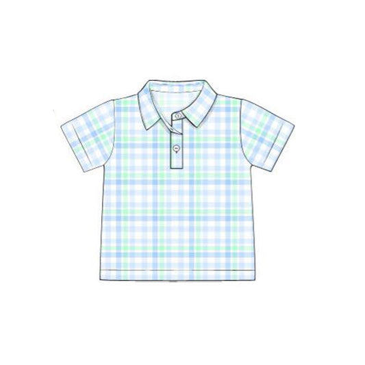 (Pre-order)BT1365 Blue Plaid Print Boys Summer Polo Top
