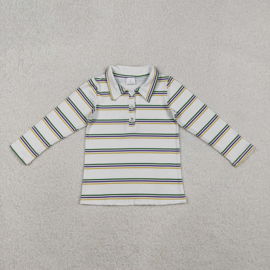 BT1375 Purple Stripes White Print Boys Mardi Gras Long Sleeve Polo Top
