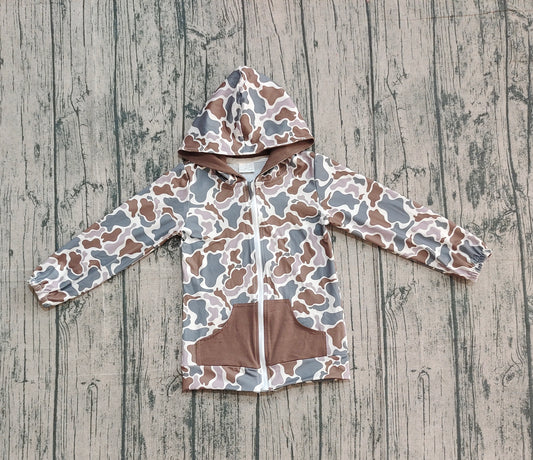 (Pre-order)BT1376 Dark Brown Green Print Boys Long Sleeve Zipper Hoodie Pockets Jackets Top