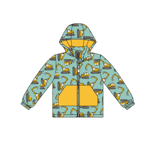 (Pre-order)BT1378 Construction Trucks Print Boys Long Sleeve Zipper Hoodie Pockets Jackets Top