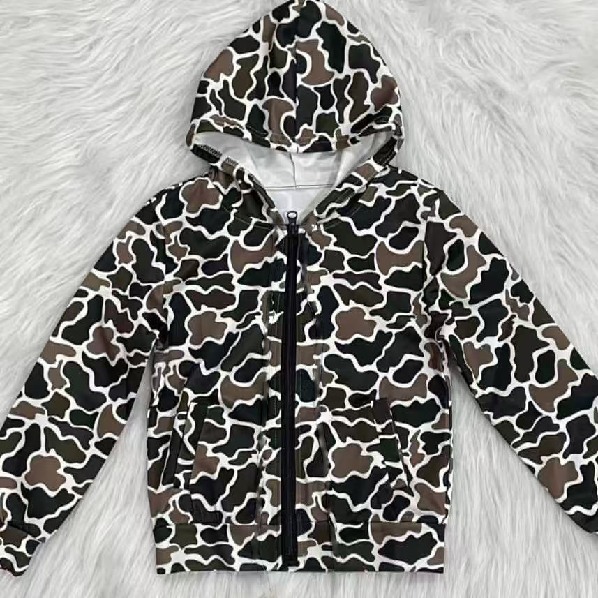 (Pre-order)BT1382 Dark Brown Camo Print Boys Long Sleeve Zipper Hoodie Pockets Jackets Top