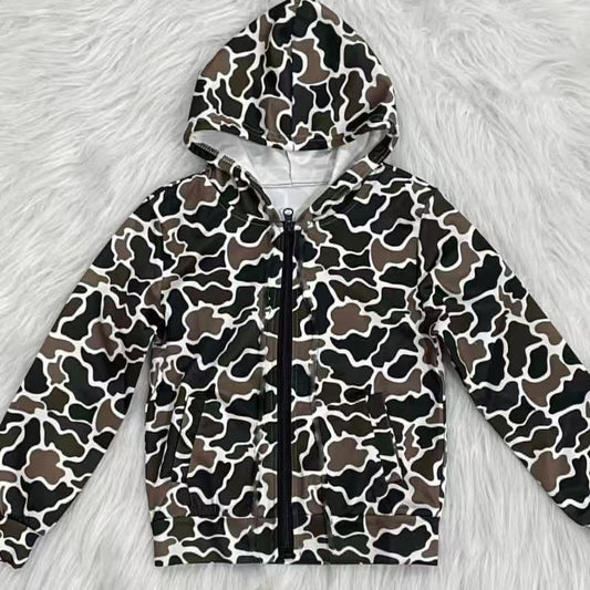(Pre-order)BT1382 Dark Brown Camo Print Boys Long Sleeve Zipper Hoodie Pockets Jackets Top
