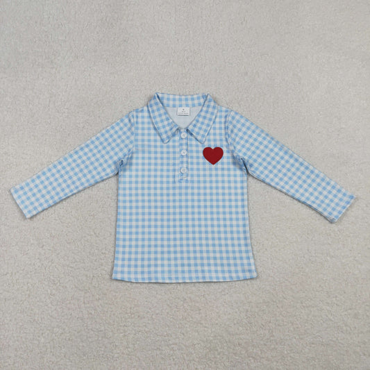 BT1386 Heart Embroidery Blue Plaid Print Boys Valentine's Day Polo Top